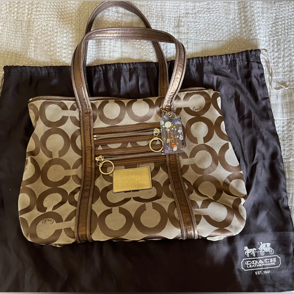 Coach Poppy C op art glam bronze metallic leather brown jacquard canvas tote bag